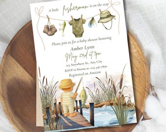 Fishing Themed Baby Shower Invitations, Little Fisherman Baby Shower Invite, A Little Hunter Is On The Way, Fishing Theme Baby Shower