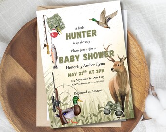 Duck Hunting Boy Baby Shower Editable Template, A Little Hunter Is On The Way, Rustic Vintage Camo Boy Baby Shower Invitation Digital