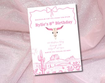 May include: A pink birthday invitation with a desert theme. The invitation features a cow skull, cacti, and a desert landscape. Text includes "Rylie's 8th Birthday" and event details.