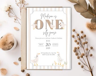 May include: A light beige and white invitation card with the text "Madison is ONE silly goose" and event details. The card features illustrations of geese and a striped background. The date is July 20, 2025.