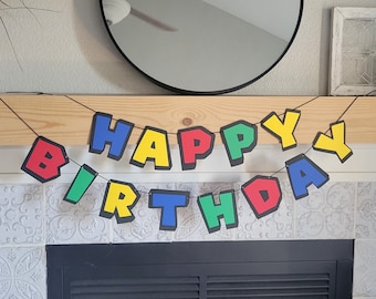 Super Mario Brothers inspired birthday banner, Mario Themed Party, Super Mario Bros Party, Mario Decorations, Super NES party