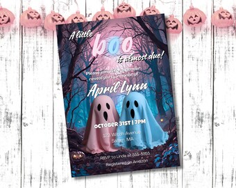 Un pequeño Boo está a punto de nacer, el bebé está gestando una invitación de Halloween para revelar el género, una pequeña calabaza está en camino, revelación del género de un fantasma