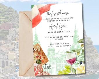 May include: Bridal shower invitation with Italian theme. The invitation features an Italian flag, a watercolor illustration of Italian food, a glass of wine, and the text "That's Amore". The invitation is for April Lynn.