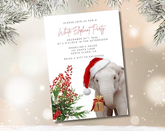 May include: A holiday-themed invitation for a White Elephant Party. The invitation features a white elephant wearing a Santa hat and holding a gift. Text includes party details: date, time, and location. Red berries and greenery decorate the lower left corner.