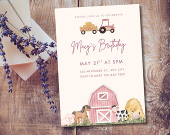 May include: A farm-themed birthday invitation with a pink barn, tractor, and farm animals. The invitation includes the text "Macy's Birthday" and event details. Lavender sprigs and soap are on a wooden surface.