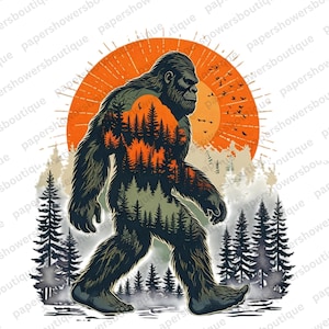 May include: Illustration of a Bigfoot walking, with a forest scene inside its silhouette. The background features an orange sun and pine trees. The image is in shades of green, brown, and orange.