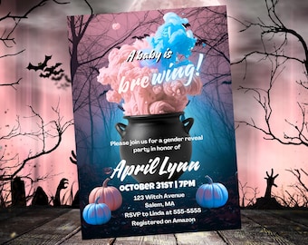 Invitación para revelar el género de Halloween: Un bebé está gestando, Una pequeña calabaza está en camino, Revelación del género de una calabaza, Revelación del género de una bruja