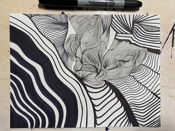抽象線画：白黒ペン画（6 x 8インチ） - Etsy 日本