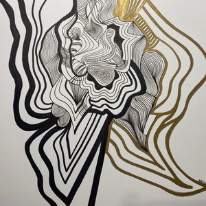 May include: Abstract black and gold line art drawing with a swirling, organic design. The lines are thick and thin, creating a sense of movement and depth.