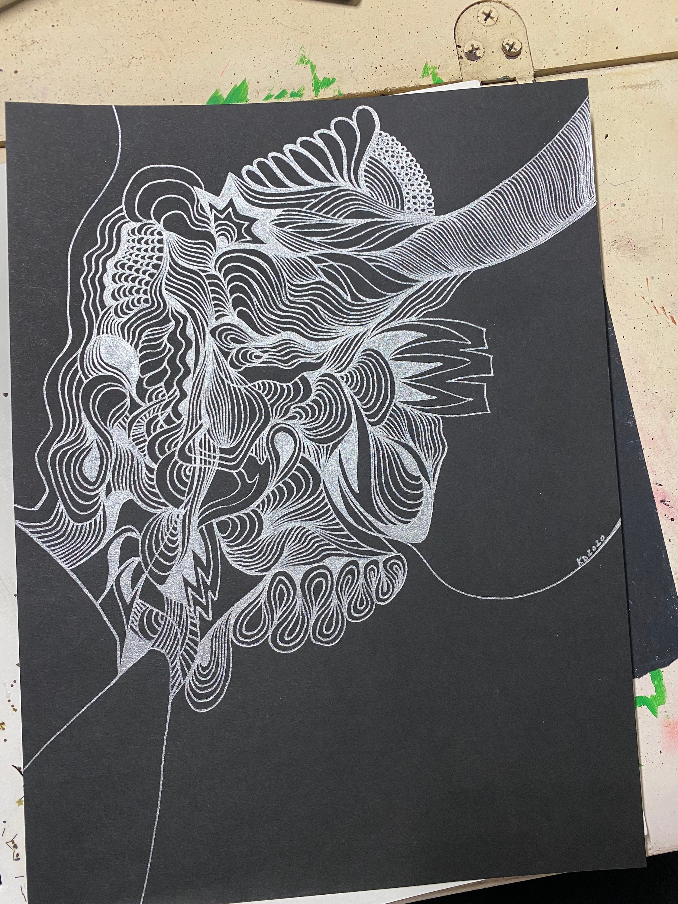 Silver Metallic Gel Pen Line Design Artwork on Black Paper