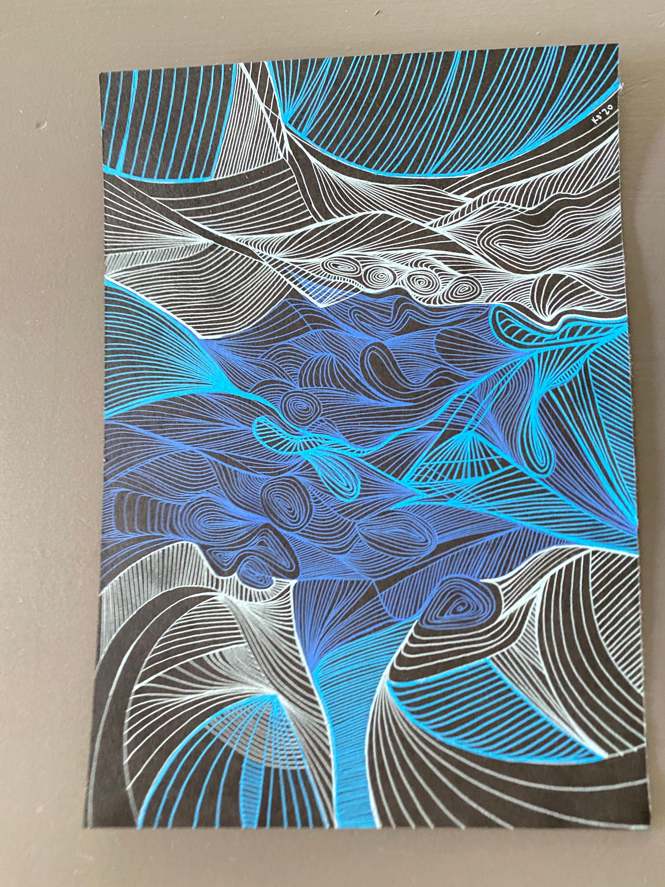 Blue Ink on Black Paper Unique Line Art Abstract Zen Original - Etsy