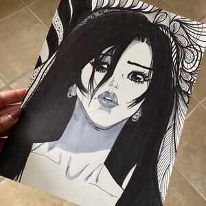 Manga girl black and white ink drawing with line art