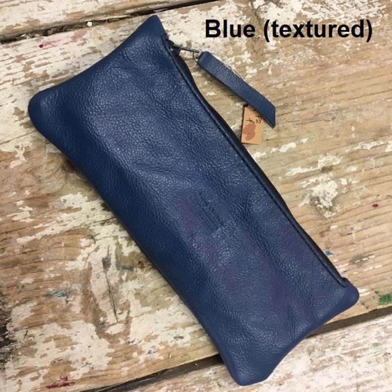 Pencil Case , soft leather, handmade Blue Textured