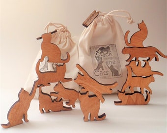 Stack the Cats! Cat lover gift. Bag of twelve mini wooden cats