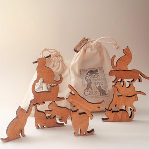 Stack the Cats Cat lover gift. Bag of twelve mini wooden cats image 1