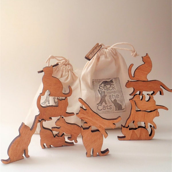 Stack the Cats! Cat lover gift. Bag of twelve mini wooden cats