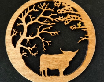 Small Highland Cow under the Trees - Wooden hanging