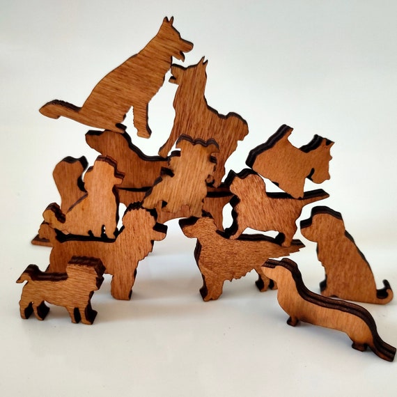 Puppy Pile-up Dog Lover Gift. Bag of Twelve Miniature Wooden Dogs 