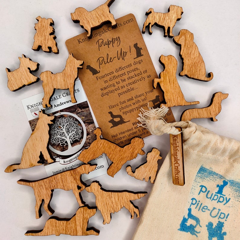 Puppy Pile-Up Dog lover gift. Bag of twelve miniature wooden dogs image 3