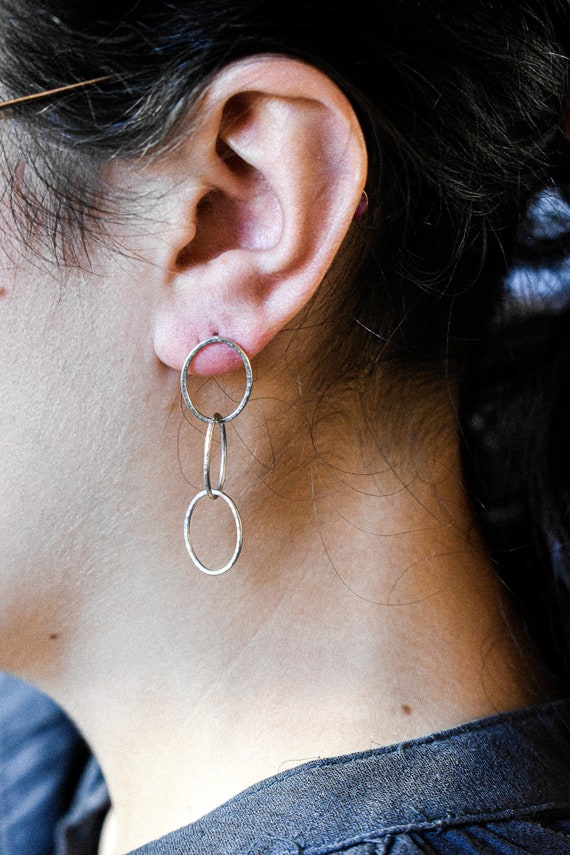 Boucles D’oreilles Pendantes En Argent Massif, Cercles Martelés Entrelacés, Occasion