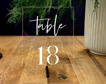 Wedding Table Numbers with Holders || Clear Acrylic Calligraphy Wedding Signage Clear Wood Table Number Stand FF22P