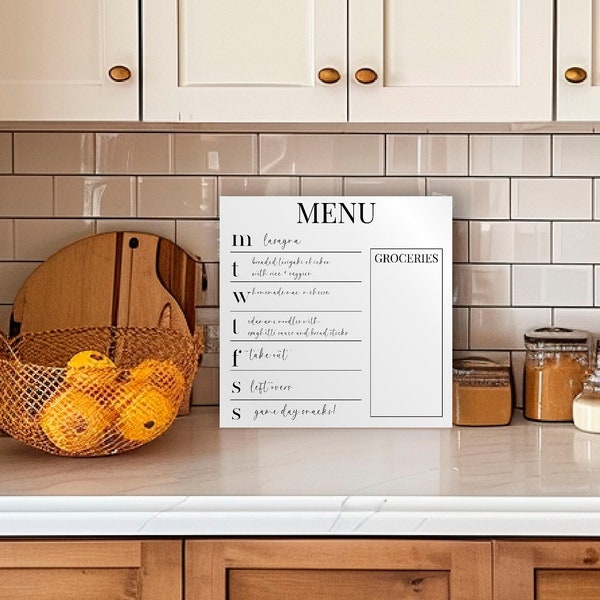 Acrylic Menu Grocery Board, Sticks To Any Clean, Smooth Surface! | Dry-Erase Weekly White Board Non Magnetic For Fridge, Wall, Glass Hanging