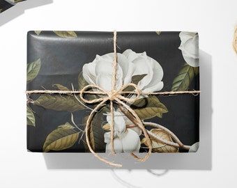 Black Magnolia Floral Gift Wrap || Birthday Bridal Baby Shower Wedding Gift Wapping Paper Christmas Unique For Her Him Girl Boy 03-016-001