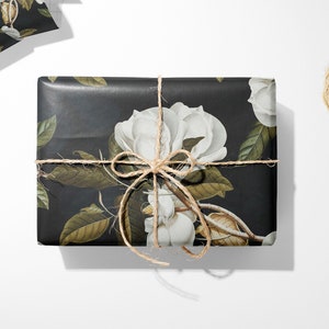 Black Magnolia Floral Gift Wrap || Birthday Bridal Baby Shower Wedding Gift Wapping Paper Christmas Unique For Her Him Girl Boy 03-016-001