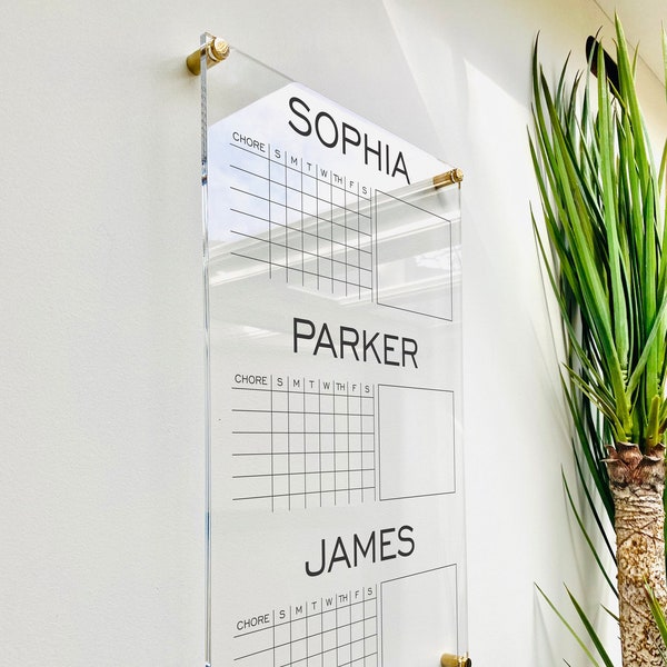 Personalized Chore Chart For 3 Kids || custom chore children girl dry erase board lucite clear acrylic minimalist homeschool 03-007-041