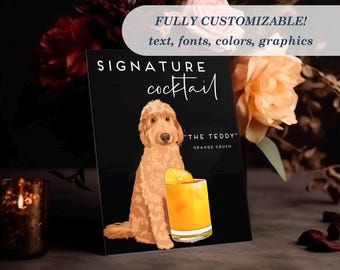 Signature Cocktail Wedding Bar Menu with Dog  || Frosted White Clear Black Acrylic Pet Cocktail Sign - Acrylic Wedding Bar Sign 03-038-590
