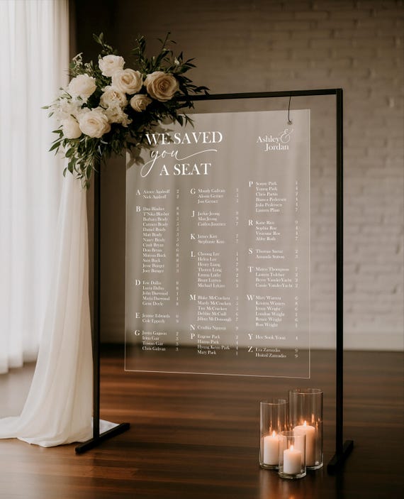 Acrylic Wedding Seating Chart Sign || Custom Wedding Sign Clear Black White Frosted Welcome Sign Chart Seat Alphabetical By Table 03-039-222
