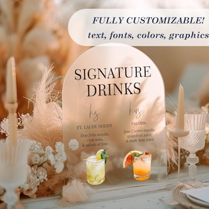 Signature Drinks Bar Arch Sign || Frosted, Clear, Black, White, Custom Acrylic Wedding Sign Personalized Bar Drink Sign Menu Wedding Decor