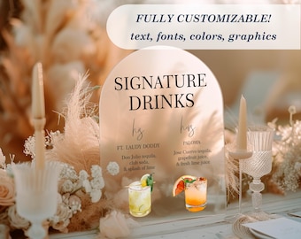 Signature Drinks Bar Arch Sign || Frosted, Clear, Black, White, Custom Acrylic Wedding Sign Personalized Bar Drink Sign Menu Wedding Decor