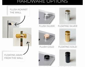 May include: Hardware options for hanging a picture frame.  The options include flush silver, floating silver, flush gold, floating gold, flush black, and floating black.