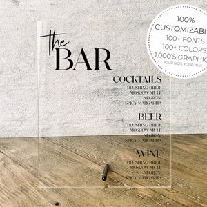 Personalized Drinks Menu || Acrylic Wedding Sign Cocktails Drinks Menu Bar Cart  his and hers bar menu drink sign wedding ff22p 03-038-456