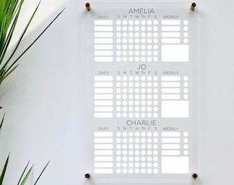 May include: A clear acrylic dry erase board with three sections for daily and weekly task tracking. The sections are labeled "Amelia", "Jo", and "Charlie" with the days of the week listed below each name.