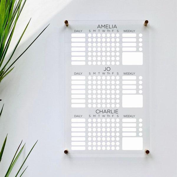 Personalized Chore Chart For 3 Kids || custom chore children girl dry erase board lucite clear acrylic minimalist homeschool 03-007-083
