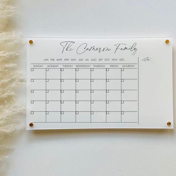 Acrylic Monthly Wall Calendar with Custom Header | Dry Erase Family Planner