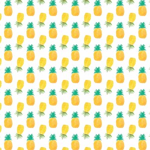 May include: A repeating pattern of watercolor pineapples and pineapple tops on a white background. The pineapples are yellow with green tops, and the pineapple tops are green. The design is a tropical theme.