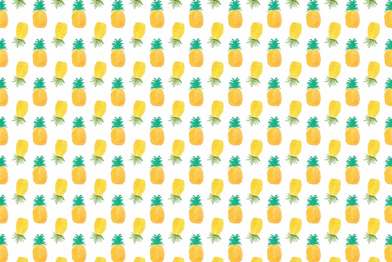 May include: A repeating pattern of watercolor pineapples and pineapple tops on a white background. The pineapples are yellow with green tops, and the pineapple tops are green. The design is a tropical theme.