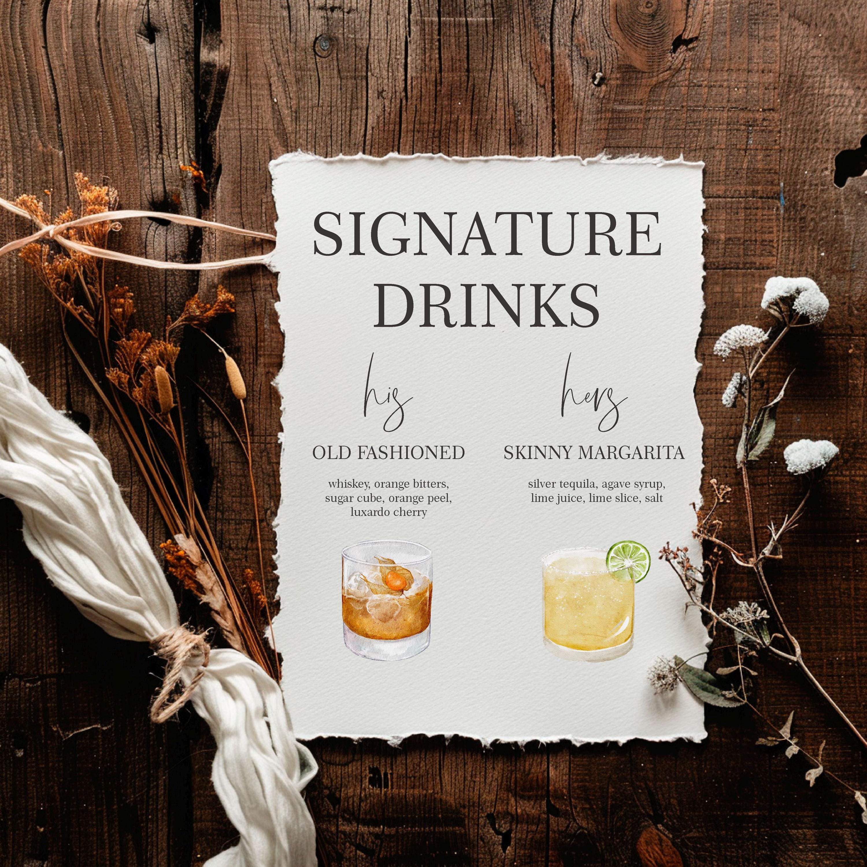 Modern Signature Drinks Menu Bar Sign on Deckled Edge Cardstock ...
