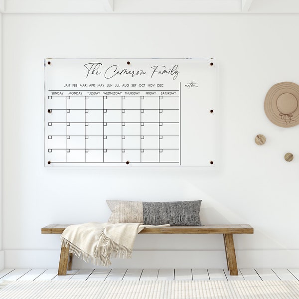 Acrylic Monthly Calendar For Wall || Custom Dry Erase Family Planner Large Huge Clear or White Calendar Personalized Whiteboard 03-007-002