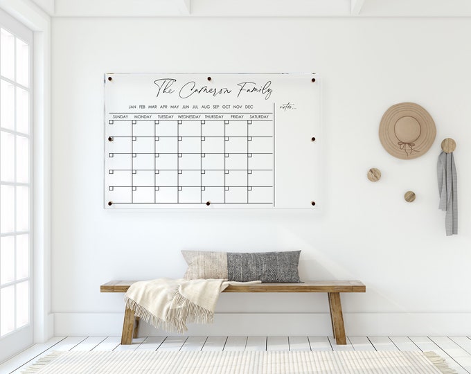 Acrylic Monthly Calendar For Wall || Custom Dry Erase Family Planner Large Huge Clear or White Calendar Personalized Whiteboard 03-007-002