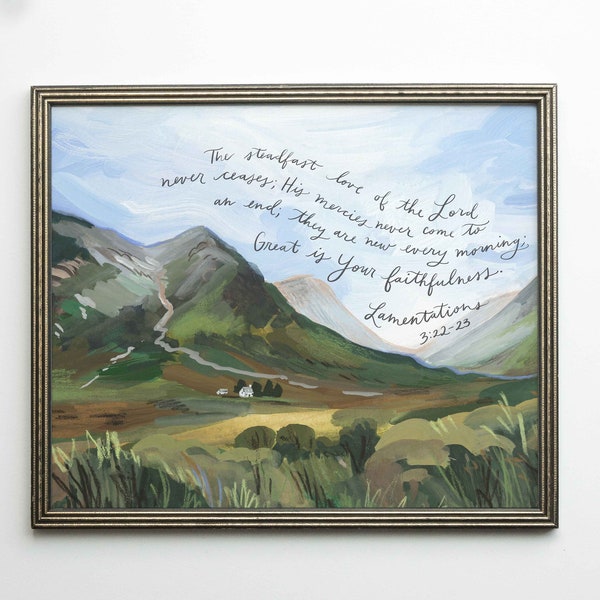 Scripture Landscape Art Print | Modern Christian Art | "Great is Your Faithfulness" Lamentations 3:22 | Biblical Art | Christian Watercolor