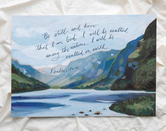 Schrift Landschaft Kunstdruck | Moderne Christliche Kunst | Sei still und wisse, dass ich Gott bin, Psalm 46,10 | Biblische Kunst | Christliches Aquarell