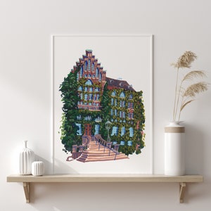May include: A painting of a brick building with a large, arched doorway and a set of stairs leading up to it. The building is covered in ivy and has many windows. The painting is done in a painterly style with a lot of texture.