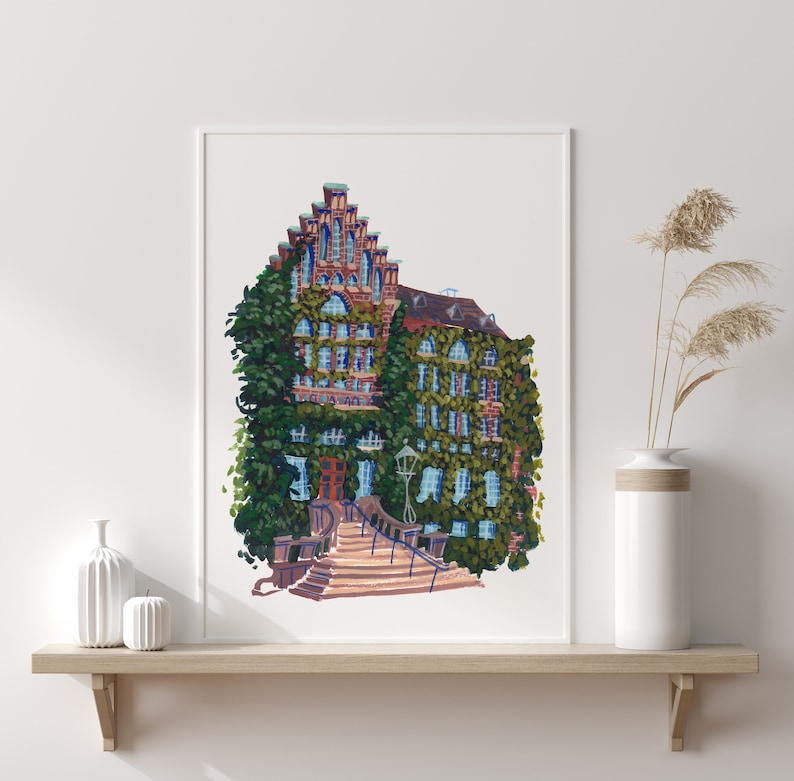 May include: A painting of a brick building with a large, arched doorway and a set of stairs leading up to it. The building is covered in ivy and has many windows. The painting is done in a painterly style with a lot of texture.