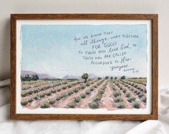 Op de afbeelding: Een aquarel van een lavendelveld met een citaat uit Romeinen 8:28: "Wij weten echter dat voor hen die God liefhebben, alle dingen meewerken ten goede, voor hen die volgens zijn voornemen geroepen zijn."