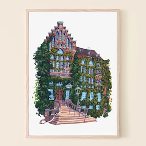 May include: A painting of a brick building with a steep roof and many windows. The building is covered in green vines and has a set of stairs leading up to the entrance. The building is painted in a realistic style with a focus on detail.