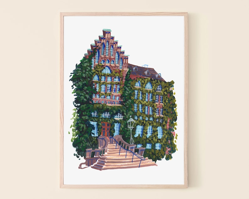 May include: A painting of a brick building with a steep roof and many windows. The building is covered in green vines and has a set of stairs leading up to the entrance. The building is painted in a realistic style with a focus on detail.
